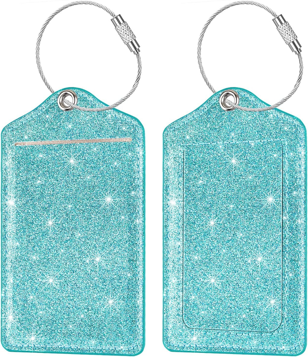 (2 Pack) Luggage Tags Glitter Leather Suitcase Tags Bag Bling Travel Tag