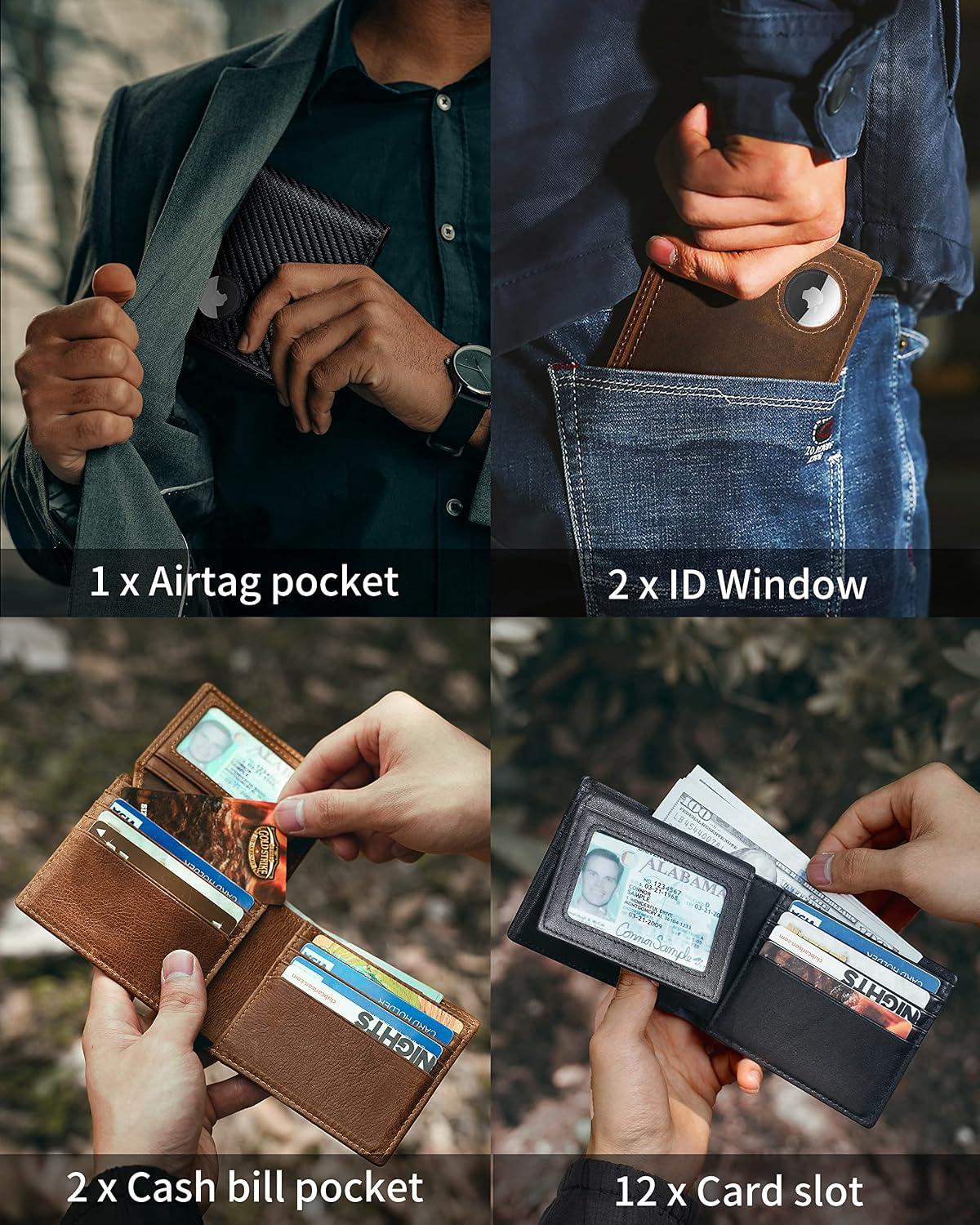 Artpaxy Mens Wallet With AirTag Holder, Bifold Leather RFID Blocking 1-2 ID Windows 12-13 Card Holders, Gift Box and Screen Protector Included, AirTag Not Included