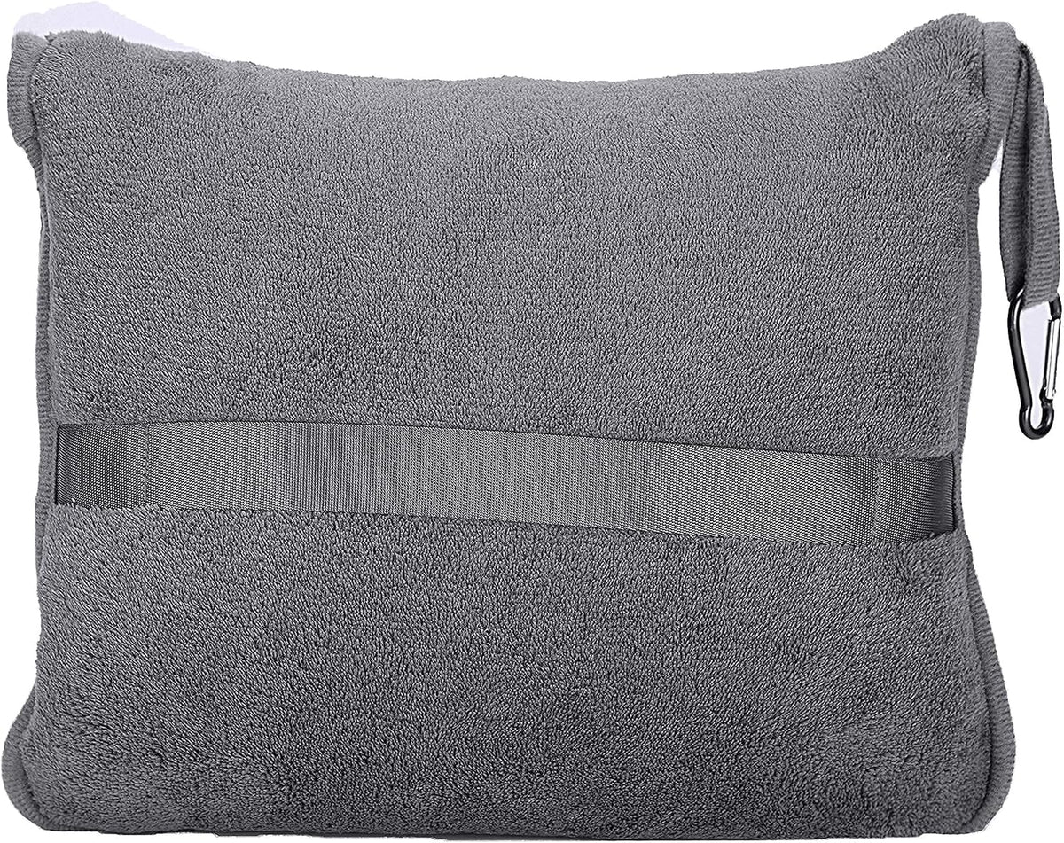 BlueHills Premium Soft Travel Blanket Pillow Value Pack Set of 2 - Airplane Flight Blanket Throw in Soft Bag with Luggage Belt Compact Pack Large Blanket for Travel Grey and Black Color