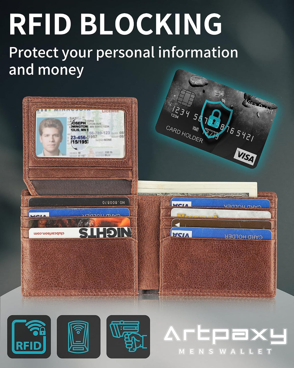 Artpaxy Mens Wallet With AirTag Holder, Bifold Leather RFID Blocking 1-2 ID Windows 12-13 Card Holders, Gift Box and Screen Protector Included, AirTag Not Included