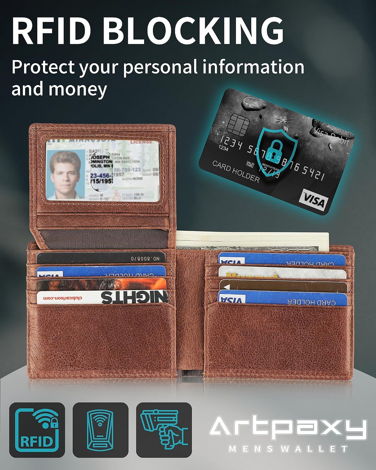Artpaxy Mens Wallet With AirTag Holder, Bifold Leather RFID Blocking 1-2 ID Windows 12-13 Card Holders, Gift Box and Screen Protector Included, AirTag Not Included