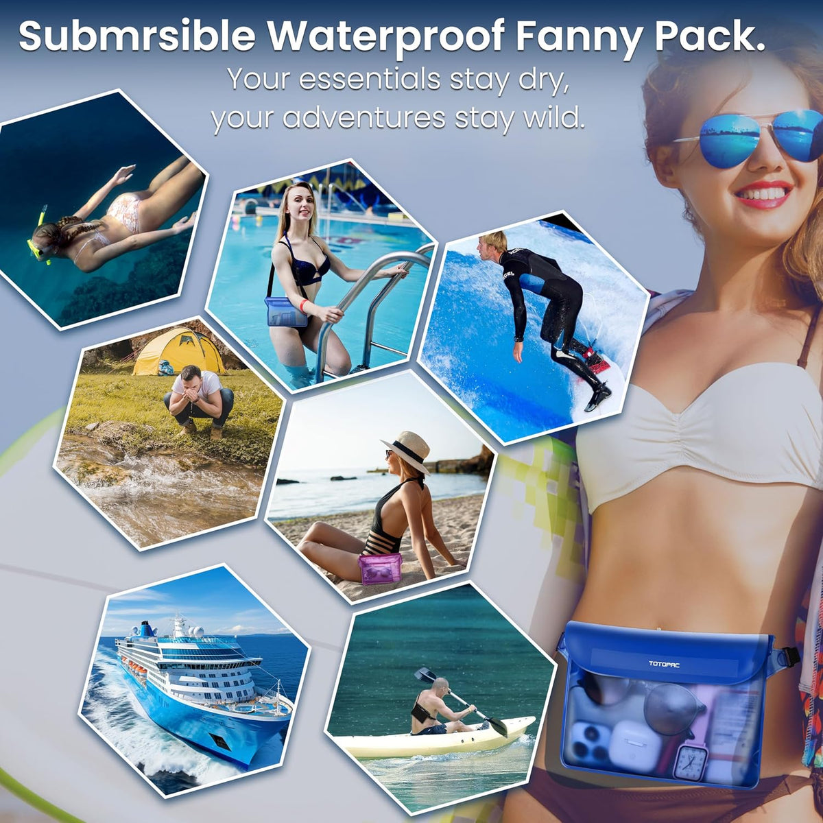 2-Pack Waterproof Fanny Pack, Phone Pouch with Waist Strap, 9x6.7 Inch Dry Bag for Phone, Cash, and Valuables – for Swimming, Kayaking, Boating, Snorkeling, and Water Sports (2, Grey + Blue)
