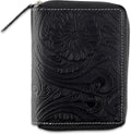 Passport Wallet - Travel Document Holder w/RFID Blocking – Full Grain Leather – Bifold compact zip around Wallet with Credit Card Slots for Women and Men, black floral,500-40