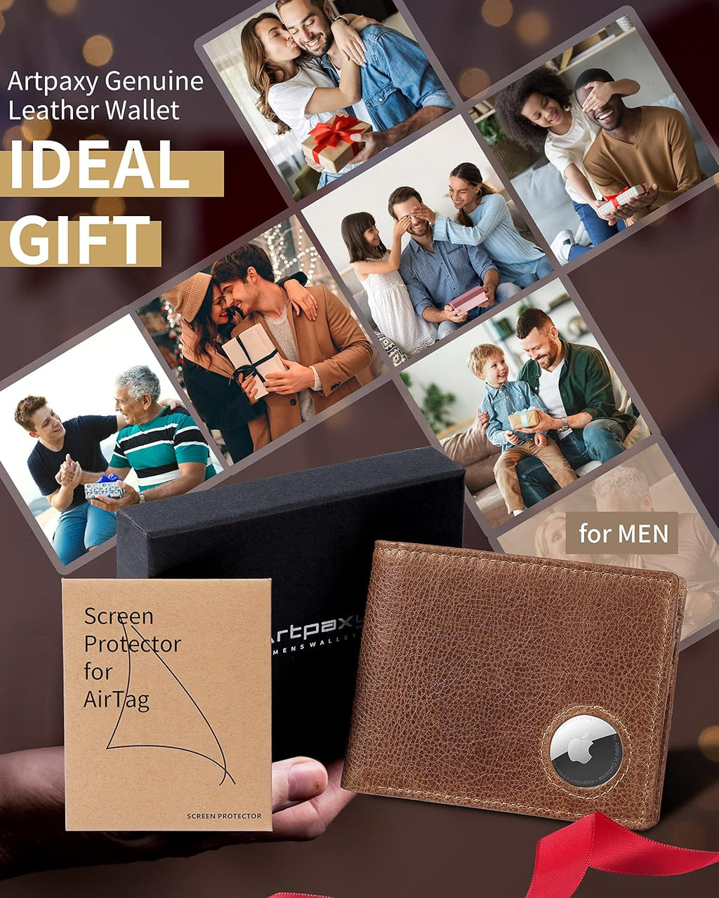 Artpaxy Mens Wallet With AirTag Holder, Bifold Leather RFID Blocking 1-2 ID Windows 12-13 Card Holders, Gift Box and Screen Protector Included, AirTag Not Included