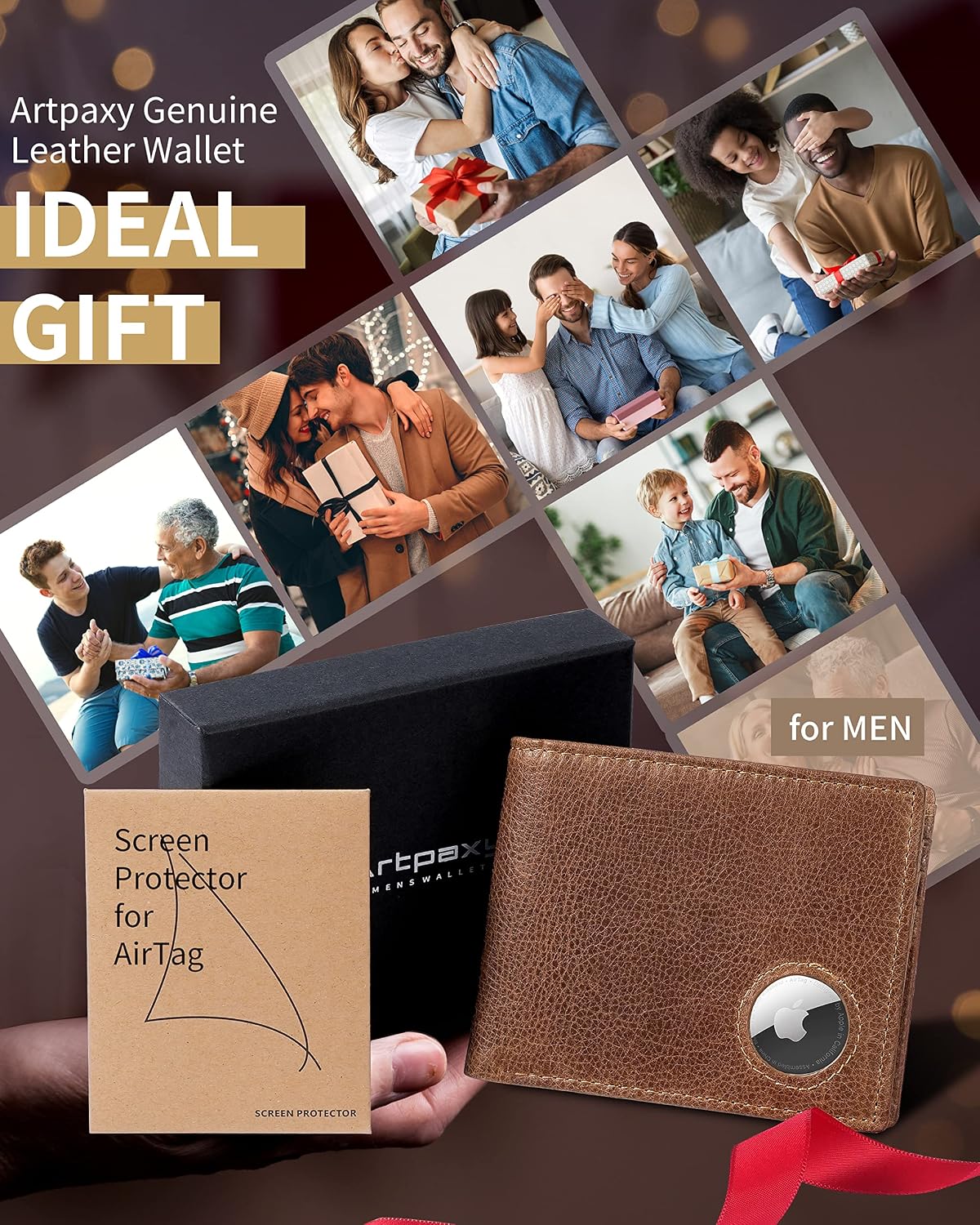 Artpaxy Mens Wallet With AirTag Holder, Bifold Leather RFID Blocking 1-2 ID Windows 12-13 Card Holders, Gift Box and Screen Protector Included, AirTag Not Included