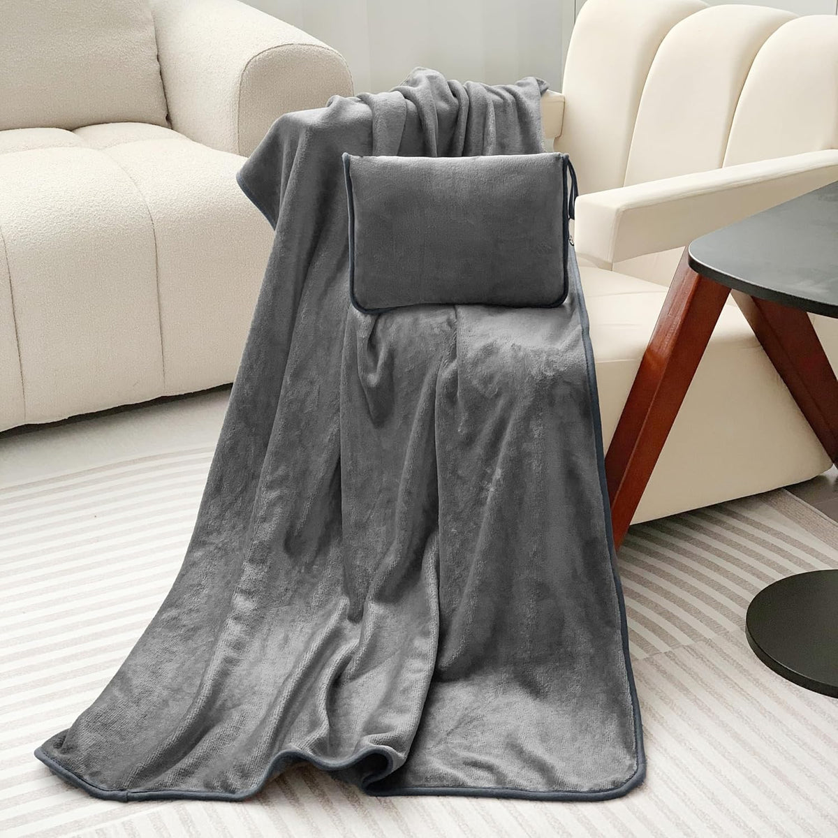 ShezPretty Premium 2in1 Soft Travel Blanket Pillow with Airline Hand Luggage Sleeve and Backpack Clip Airplane (Grey)