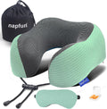 napfun Neck Pillow for Travel with Travel Pouch, Sleep Mask & Earplugs, Memory Foam Airplane Pillow for Headrest Sleep with Eyeshades, Plane Essentials with Eye Blindfold, Turquoise Striped Kit