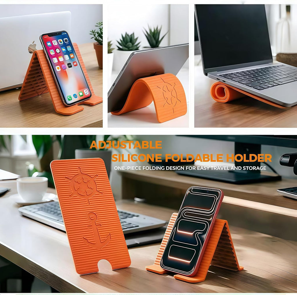 Flexible Silicone Aluminum Phone Holder Tablet Stand with Charging Port Design, Foldable Airplane Laptop/Phone Stand for Home Office Travel (Orange)