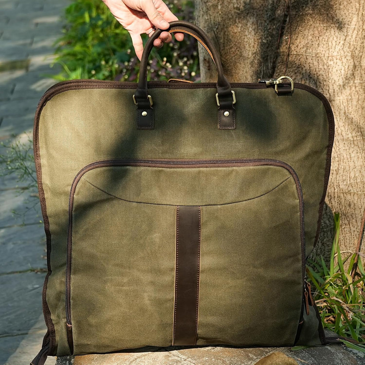 Polare Waxed Canvas Full Grain Leather Trim Garment Carry On Bag for Travel, Foldable Hanging Suitcase Weekender Dust-Proof Garment Waterproof Cover with YKK Zipper and Adjustable Strap (Army Green)