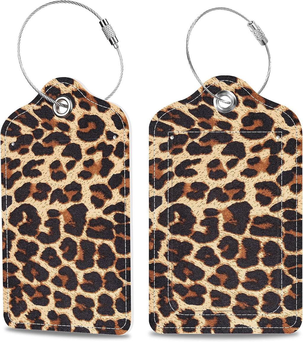 Set of 2 Luggage Tags Brown Leopard Texture Leather Suitcases Tag with Privacy Cover Stainless Steel Loop and Address Card for Women Men Travel