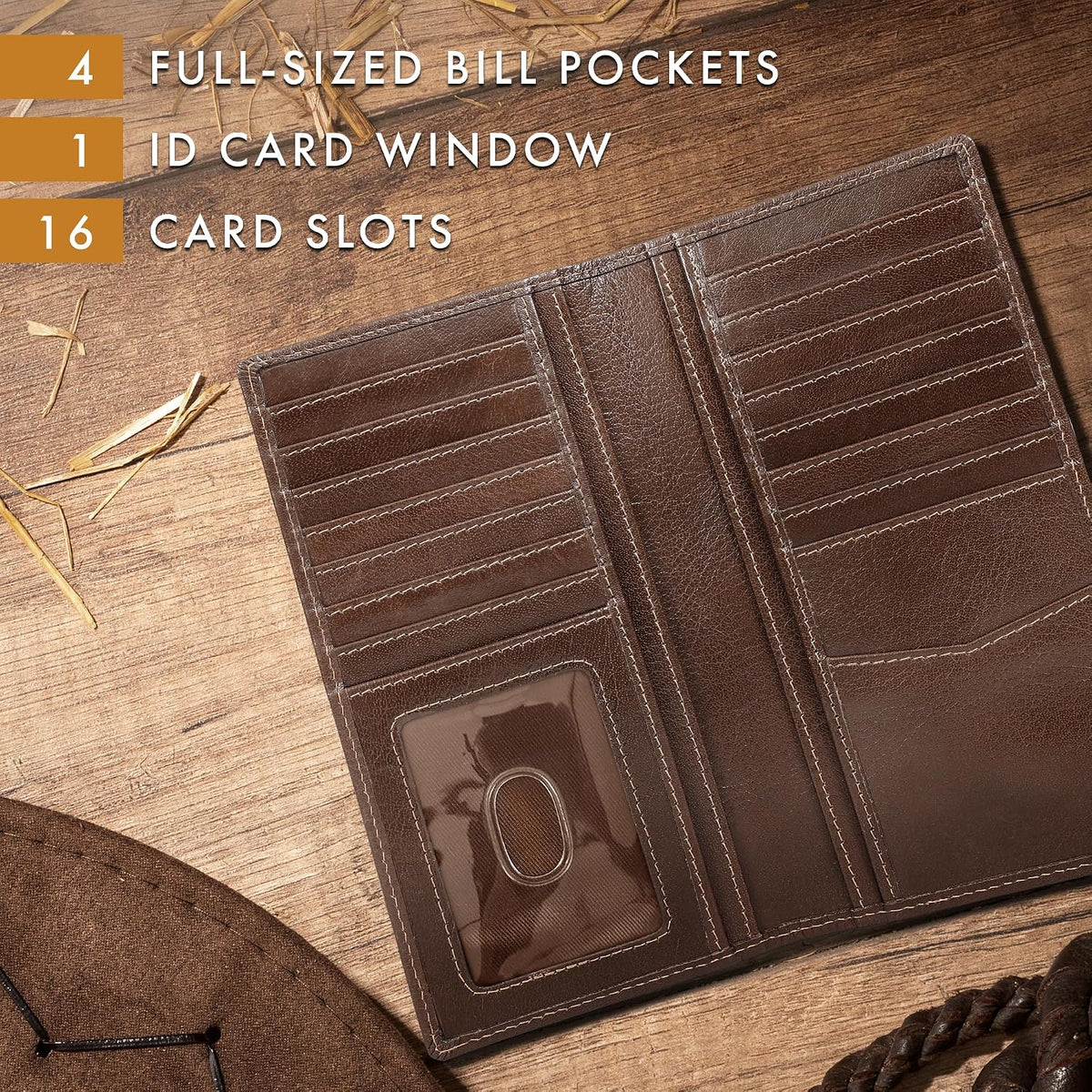 ELIZO Men's Genuine Leather Long Wallet - RFID Blocking Rodeo Checkbook Wallet | Western Bifold Wallet with 16 Card Slots, ID Window | Top Grain Leather Cowboy Wallet | Stout