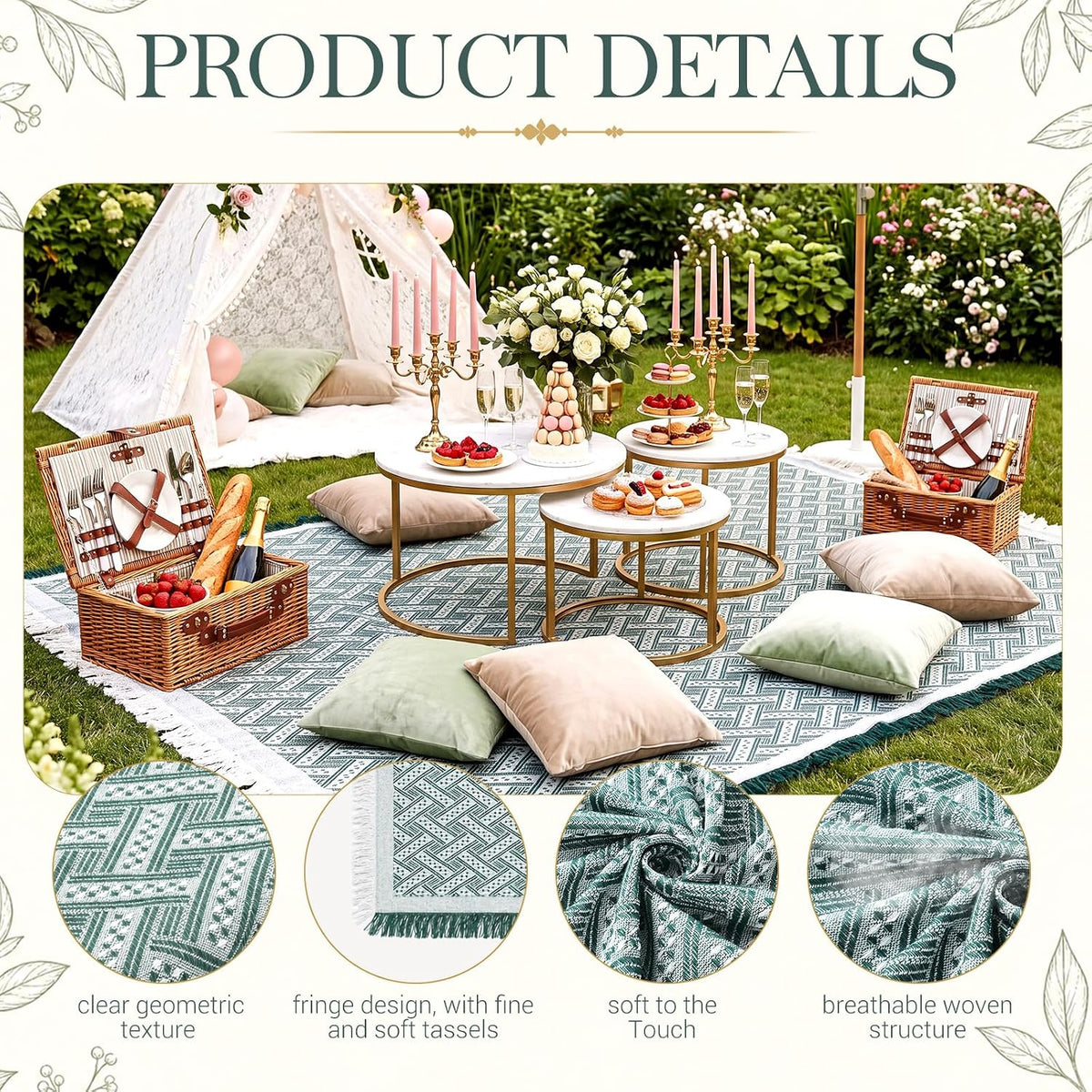 1 Pack White Green Extra Large Picnic Blanket, 71 x 91 Inches