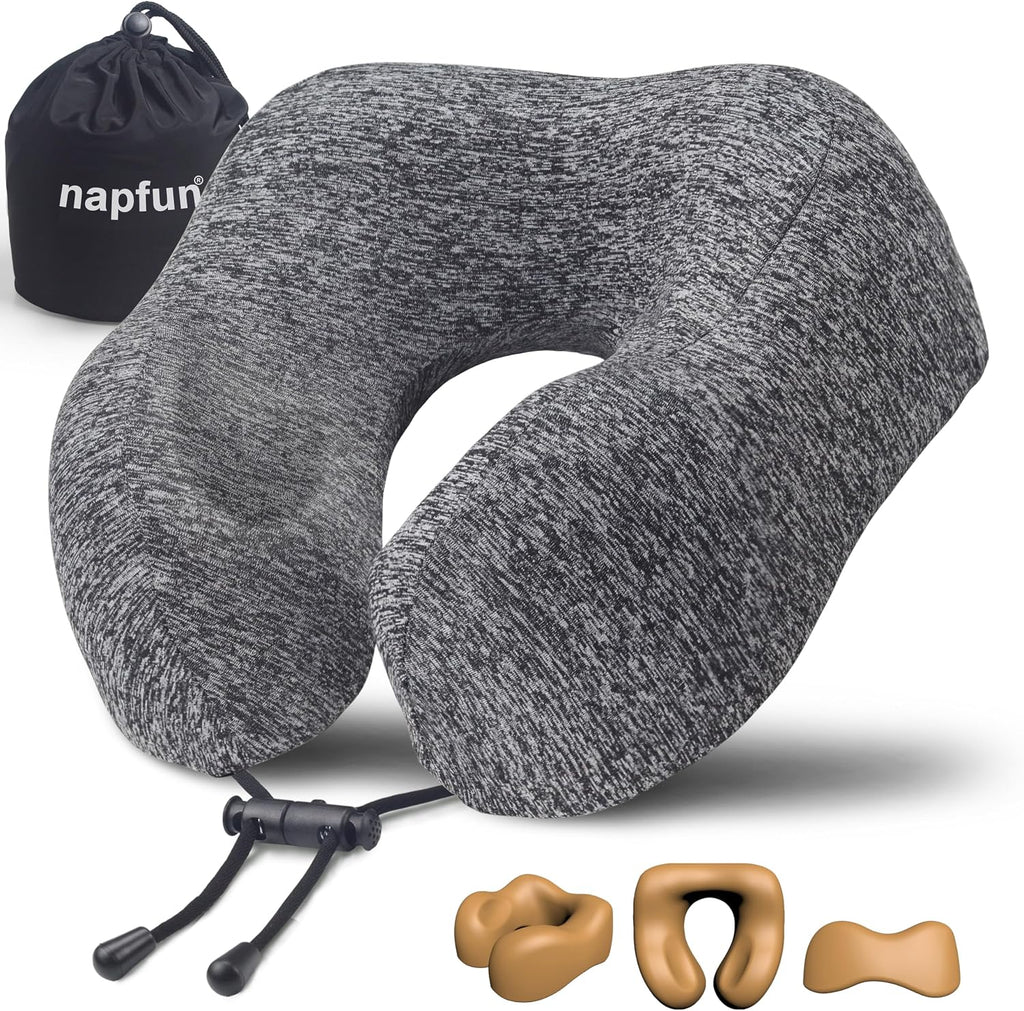 napfun Neck Pillow for Travel, Memory Foam Airplane Pillow, Full Grey