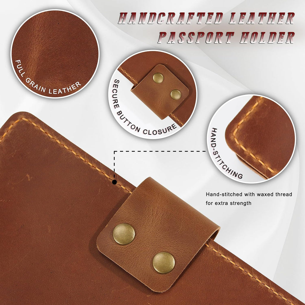 Handmade Genuine Leather Family Passport Holder | Travel Document Organizer Holds 4 Passports | Vintage Wristlet Wallet with Credit Card Slots (Brown)
