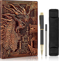 DND Dungeon and Dragon Notebook 3D Embossed Leather Dragon Journal with Black Ballpoint Pen &Pen Sleeve,A5 Vintage Travel Diary D&D Writing Notebook for Hardcover Journal Women&Men (Red Copper)