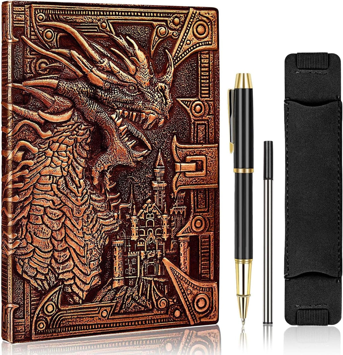 DND Dungeon and Dragon Notebook 3D Embossed Leather Dragon Journal with Black Ballpoint Pen &Pen Sleeve,A5 Vintage Travel Diary D&D Writing Notebook for Hardcover Journal Women&Men (Red Copper)