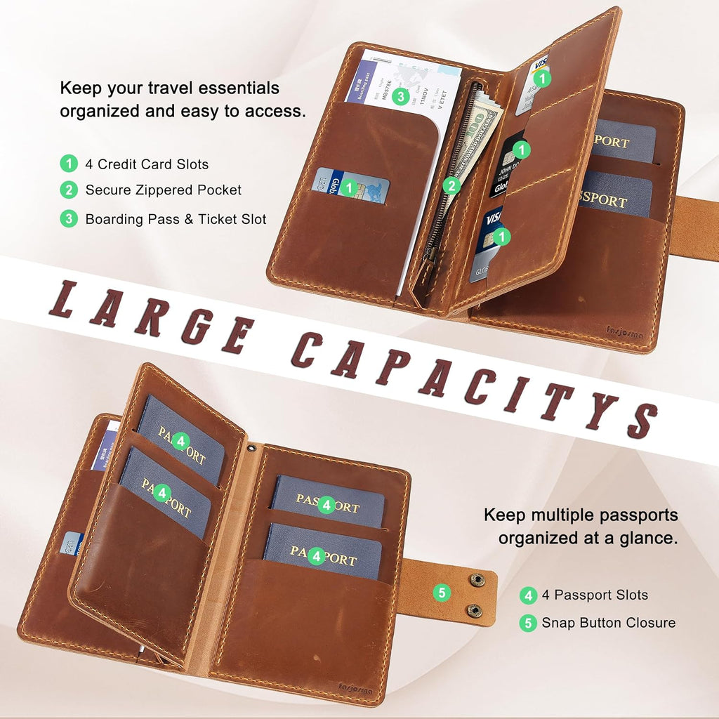 Handmade Genuine Leather Family Passport Holder | Travel Document Organizer Holds 4 Passports | Vintage Wristlet Wallet with Credit Card Slots (Brown)