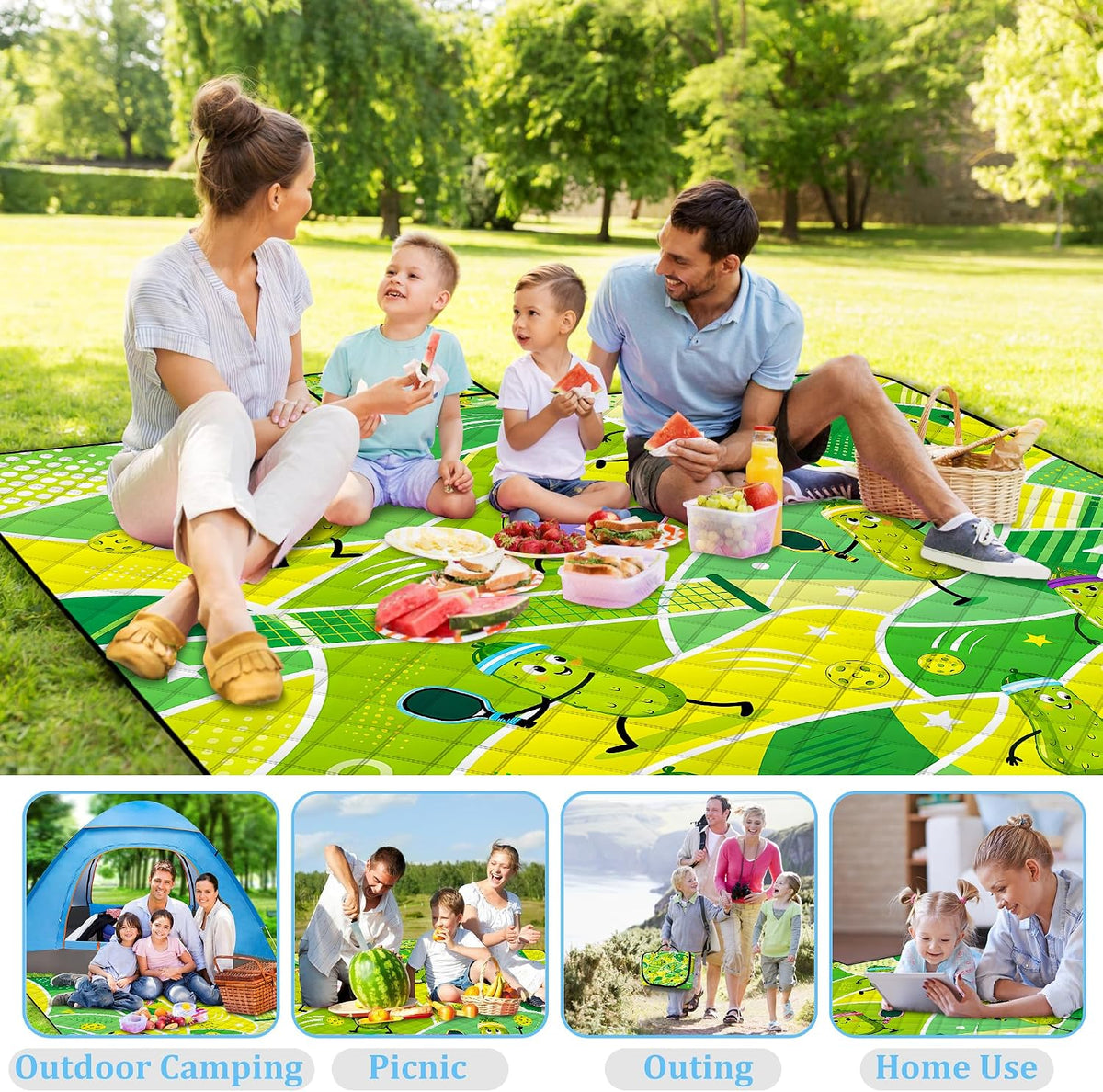 Extra Large Picnic Blanket Waterproof,80"x 80"Foldable Machine Washable Outdoor Blanket,Cucumber Beach Blanket for 6-8 Adults,Picnic Mat Suitable for Indoor Crawling,Park Beach,Camping,Hiking,Travel