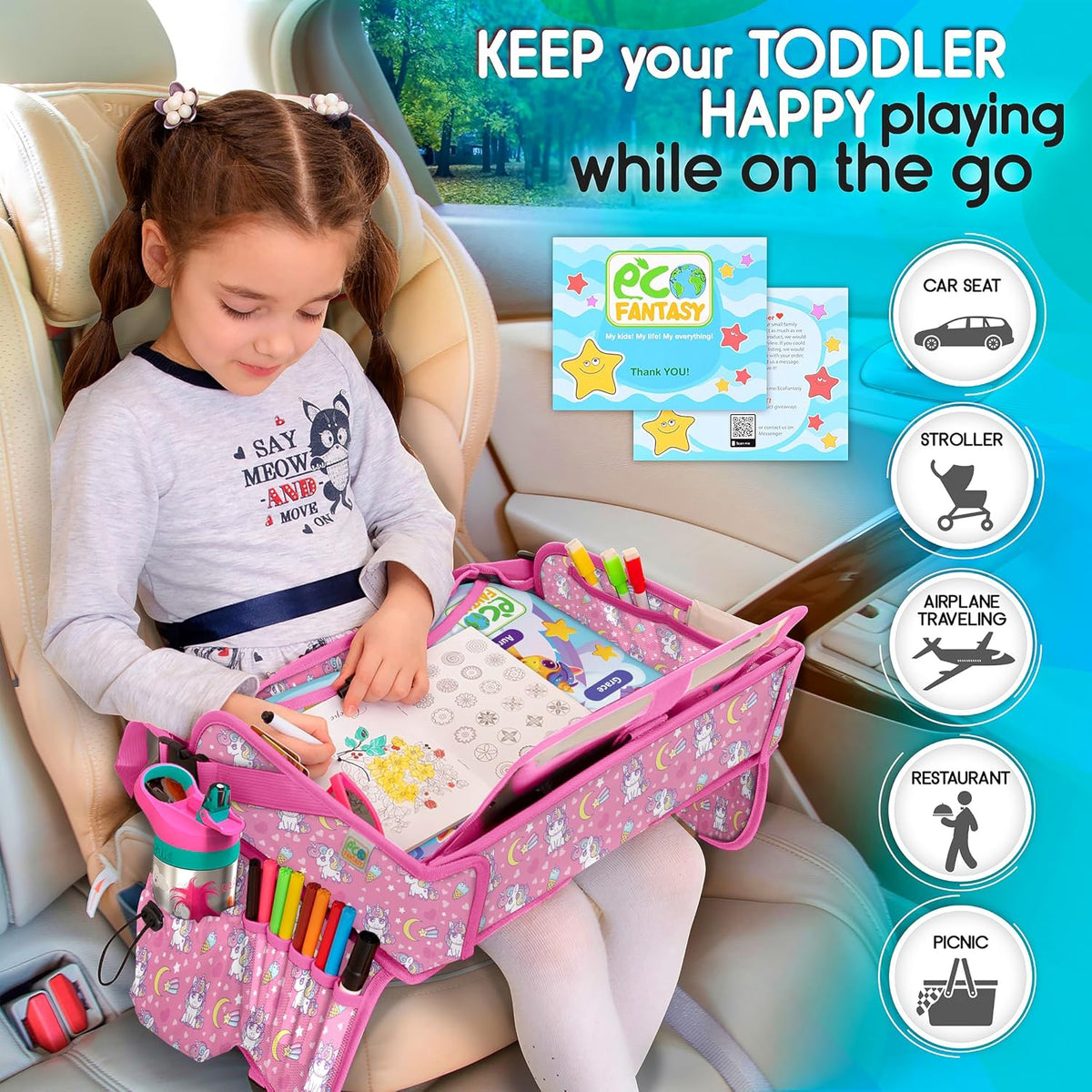 ECOFANTASY Kids Travel Tray - Waterproof Lap Table with No-Drop Large Tablet Holder - Car Seat Tray - Road Trip Essentials Kids - Car Desk Organizer for Airplane - Toddler Travel Essentials (UNICORN)