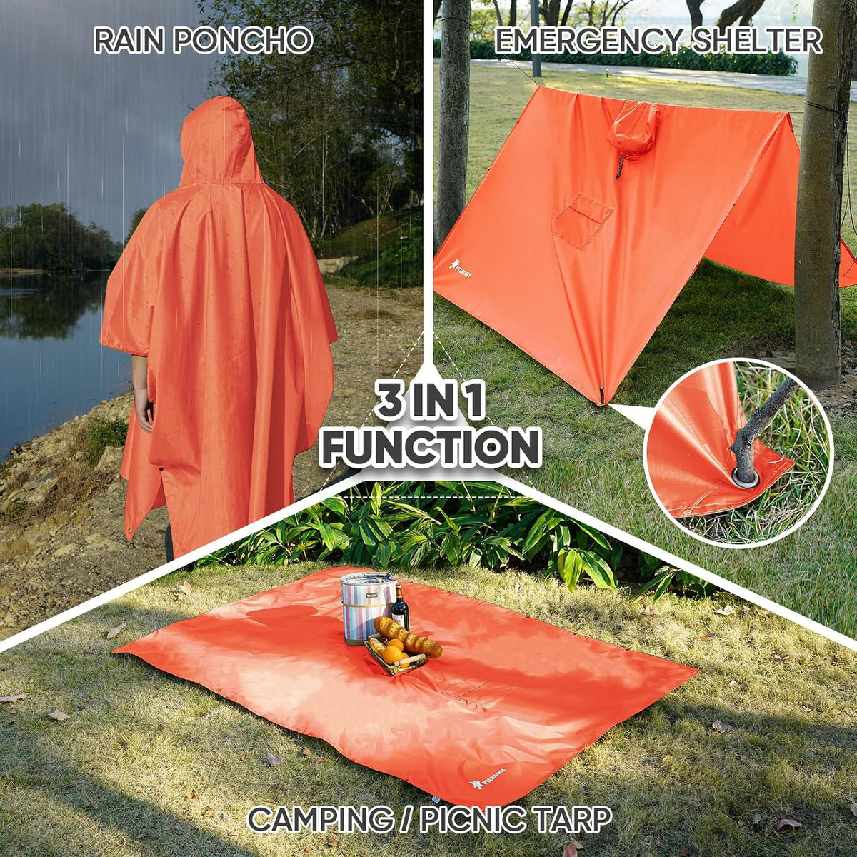 PTEROMY Hooded Rain Poncho for Adults, Reusable Waterproof Raincoat
