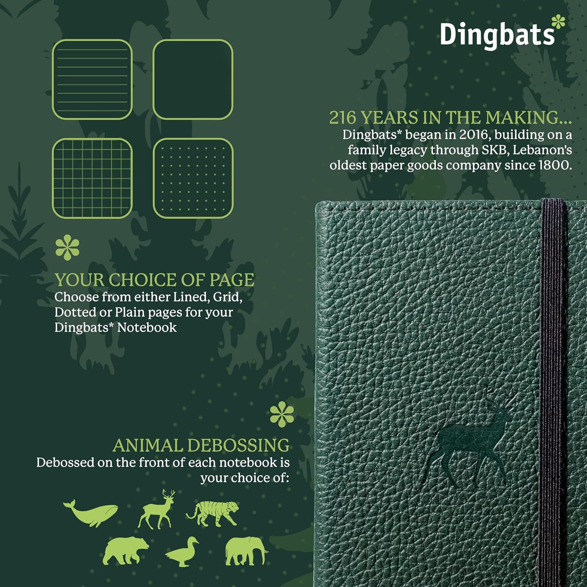 Dingbats* Wildlife A6 Dotted Pocket Notebook - PU Leather Hardcover - Small Writing Journal for Work, Travel - Pocket, Elastic Closure, Bookmark