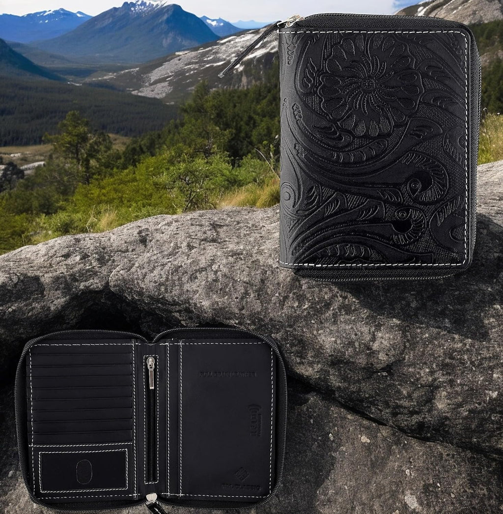 Passport Wallet - Travel Document Holder w/RFID Blocking – Full Grain Leather – Bifold compact zip around Wallet with Credit Card Slots for Women and Men, black floral,500-40