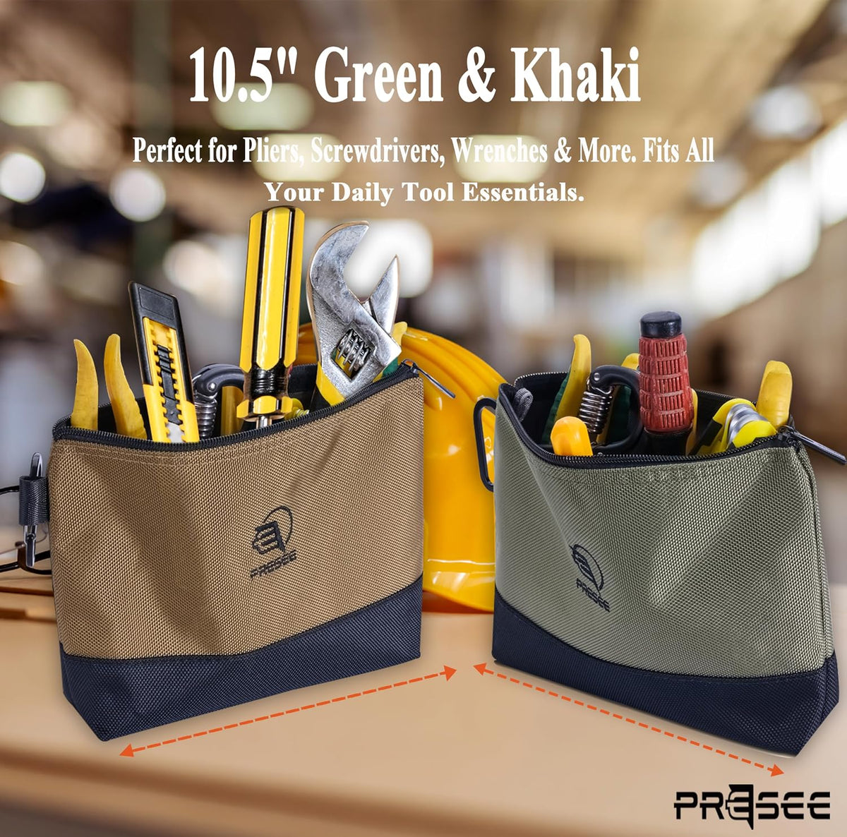 2-Pack 10.5" Heavy-Duty Tool Pouch, 1680D Nylon, Zipper, Green Khaki