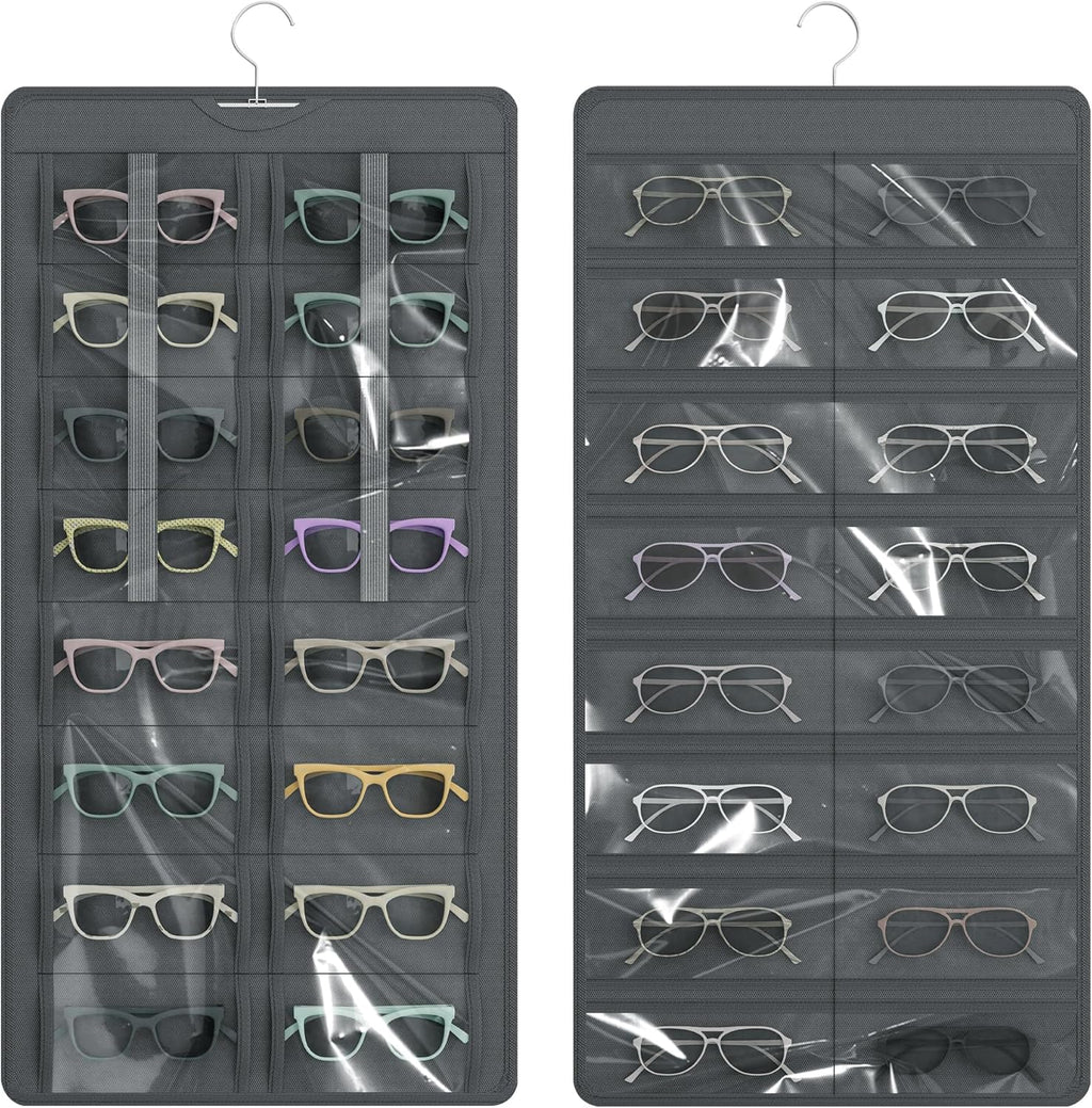 Hanging Sunglasses Organizer and Storage, 32 Slots Jewelry Holder, Gray