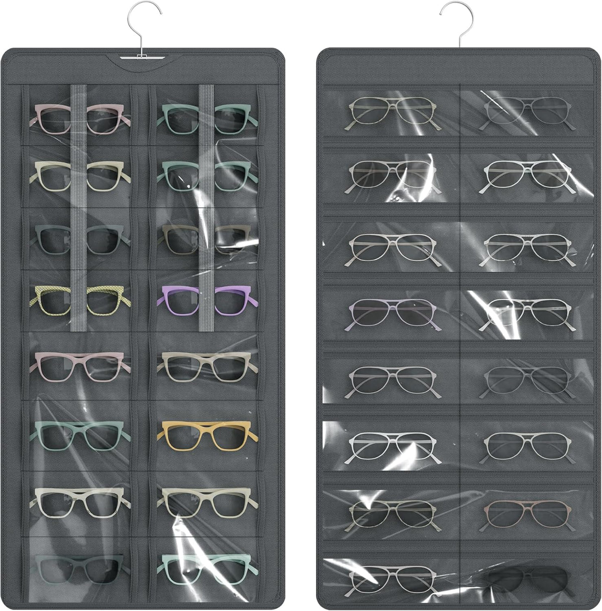Hanging Sunglasses Organizer and Storage, 32 Slots Jewelry Holder, Gray