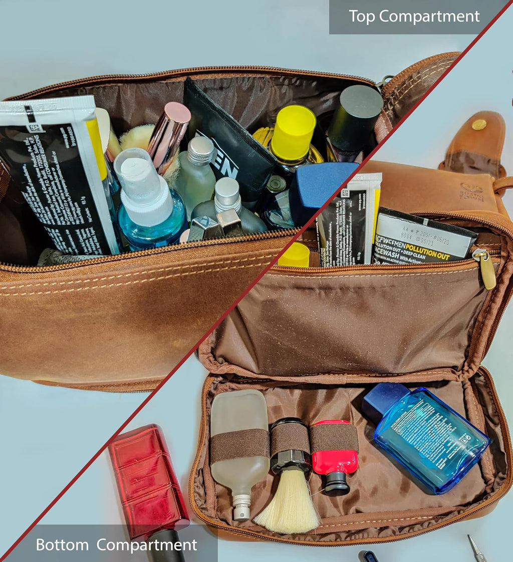 Leather Toiletry Bag for Men - Travel Shaving Dopp Kit - Bathroom Shower Toiletries Organizer - Cosmetic Make up Bag for Women