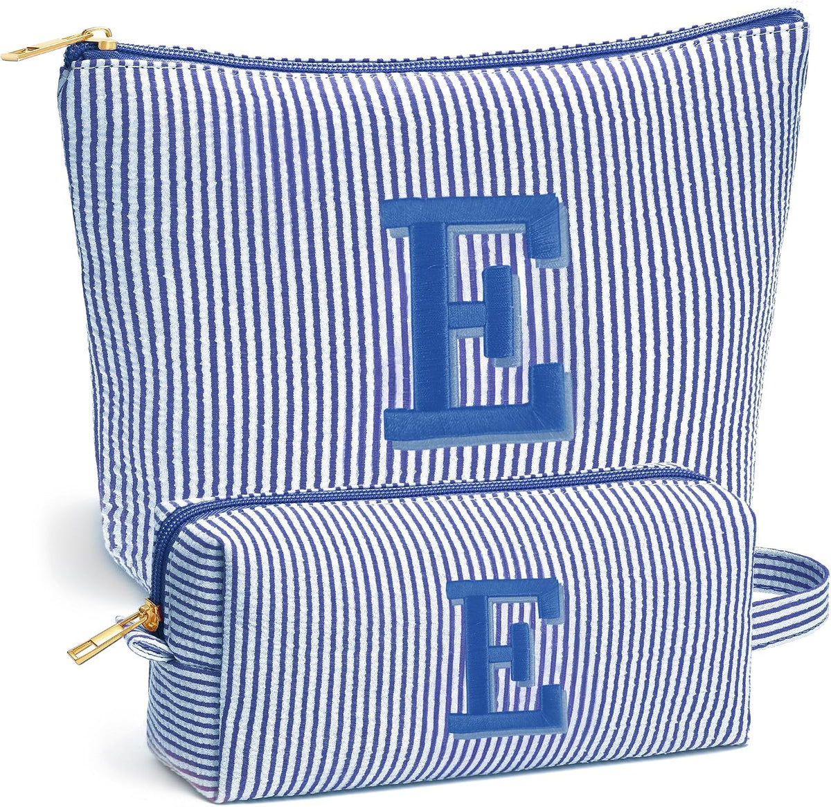Initial Makeup Bag Set - Cute Blue Stuff for Women, Personalized Makeup Pouch Cosmetic Bag, Travel Essentials Toiletry Bag, Birthday Christmas Gifts for Women Stocking Stuffers, Blue Letter E