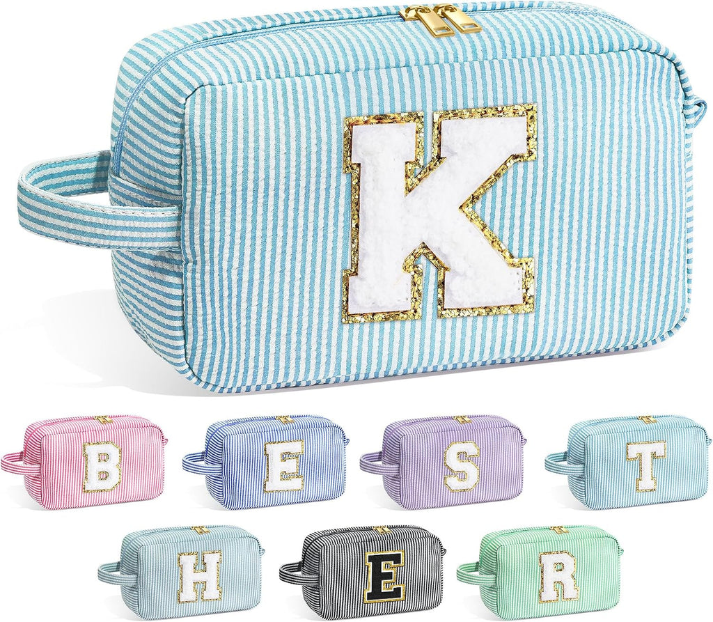 YOOLIFE Gifts for Women Teen Girls Kids - Initial Makeup Bag Cosmetic Case Toiletry Pouch, Birthday Gifts for Women Friends Sister Teacher, Light Blue K