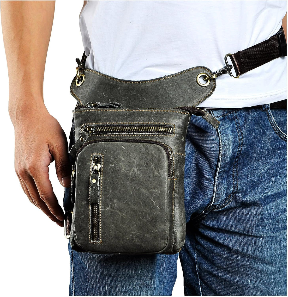 Le'aokuu Mens Genuine Leather Outdoor Sporting Hicking Waist Hip Pack Messenger Shoulder Drop Leg Thigh Bag Pouches For Women G1011 (G1011 Grey)