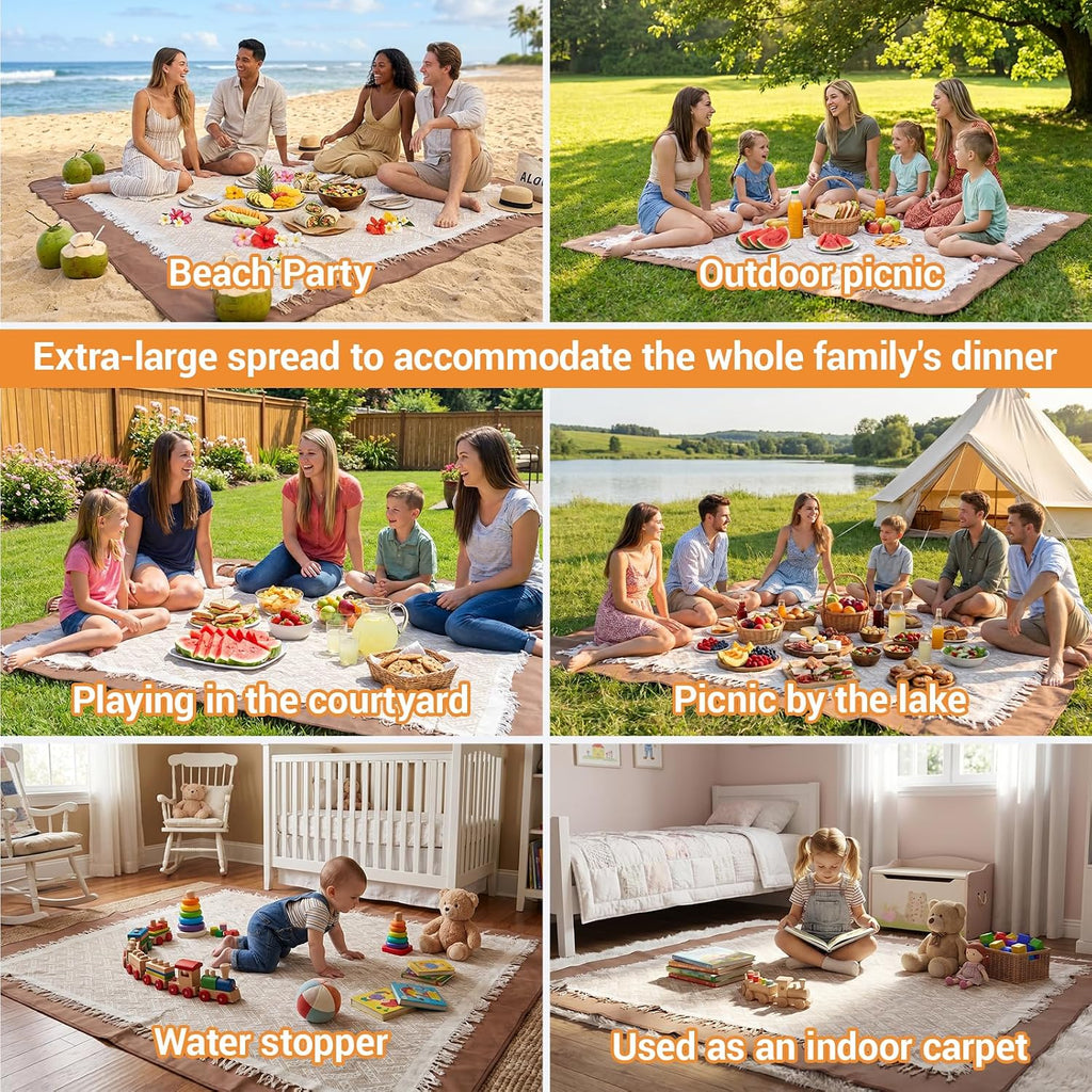 2-in-1 Boho Picnic Blanket, Beige Brown 71×71 Outdoor Waterproof Beach Mat