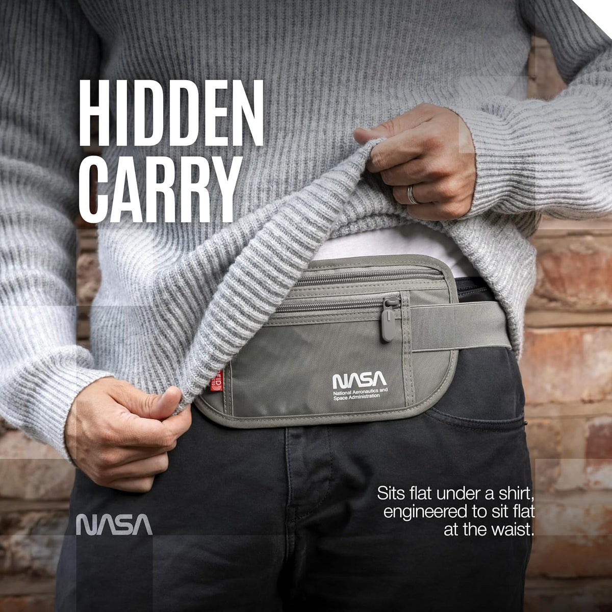 NASA Money Belt for Travel – Ultra-Flat, Anti-Theft RFID (Lunar Grey)