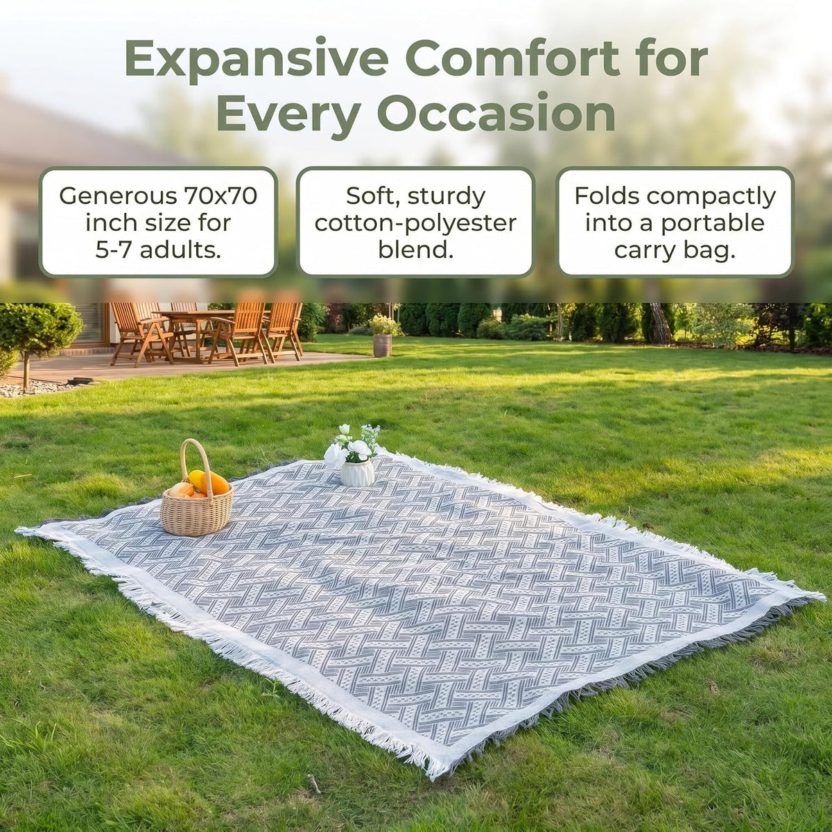 70x70 Bohemian Picnic Mat Extra Large, Sand Proof Outdoor Camping Blanket Machine Washable, Lightweight Portable Travel Tarp for 5-7 Adults Beach Park Grass (Gray-T-Grid)