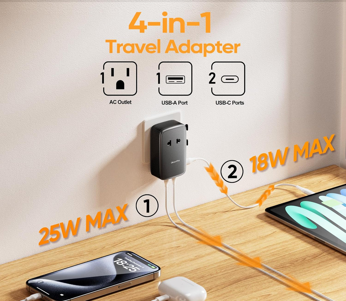 Olcorife Universal Travel Adapter PD25W, European Travel Plug Adapter with 3 USB, International Plug Adapter for US to EU UK AUS (Type-C/G/A/I), Black