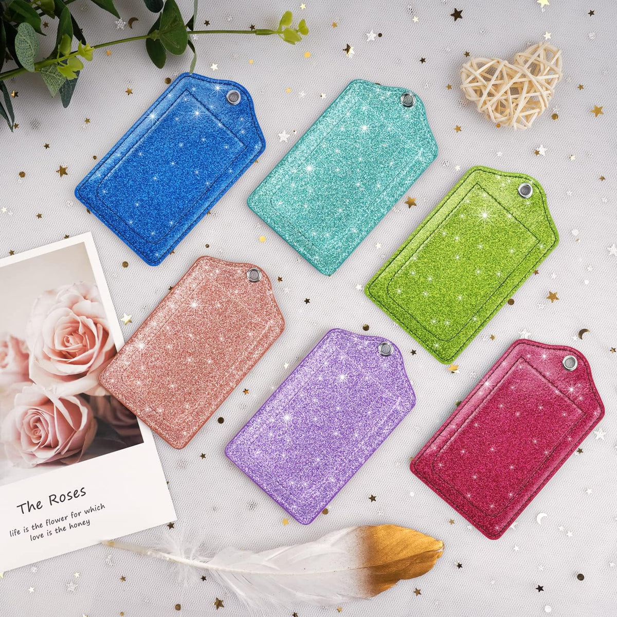(Set of 2) Luggage Tag Leather Privacy Cover ID Label Address Card with Stainless Steel Loop, Travel Bag Tags Suitcase Labels, Glitter Dark Blue