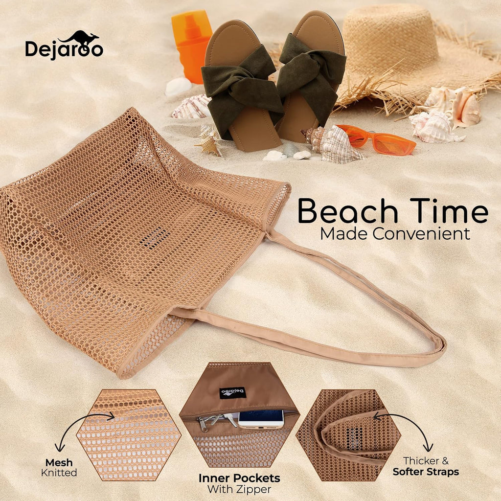 Dejaroo Lightweight Mesh Beach Bag - Beach Tote Bag with Thicker and Softer Straps - Packable Beach Bag with Inner Zipper