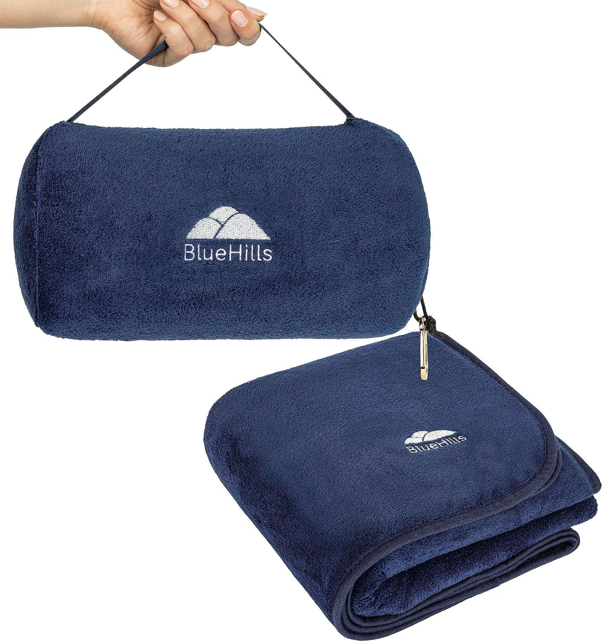 BlueHills Rolled Travel Blanket Pillows for Two Value Pack Set of 2 – Airplane Travel Essentials Soft Flight Trips Throws in Portable Cases for Car Plane Travel Gifts - Beige and Navy Blue