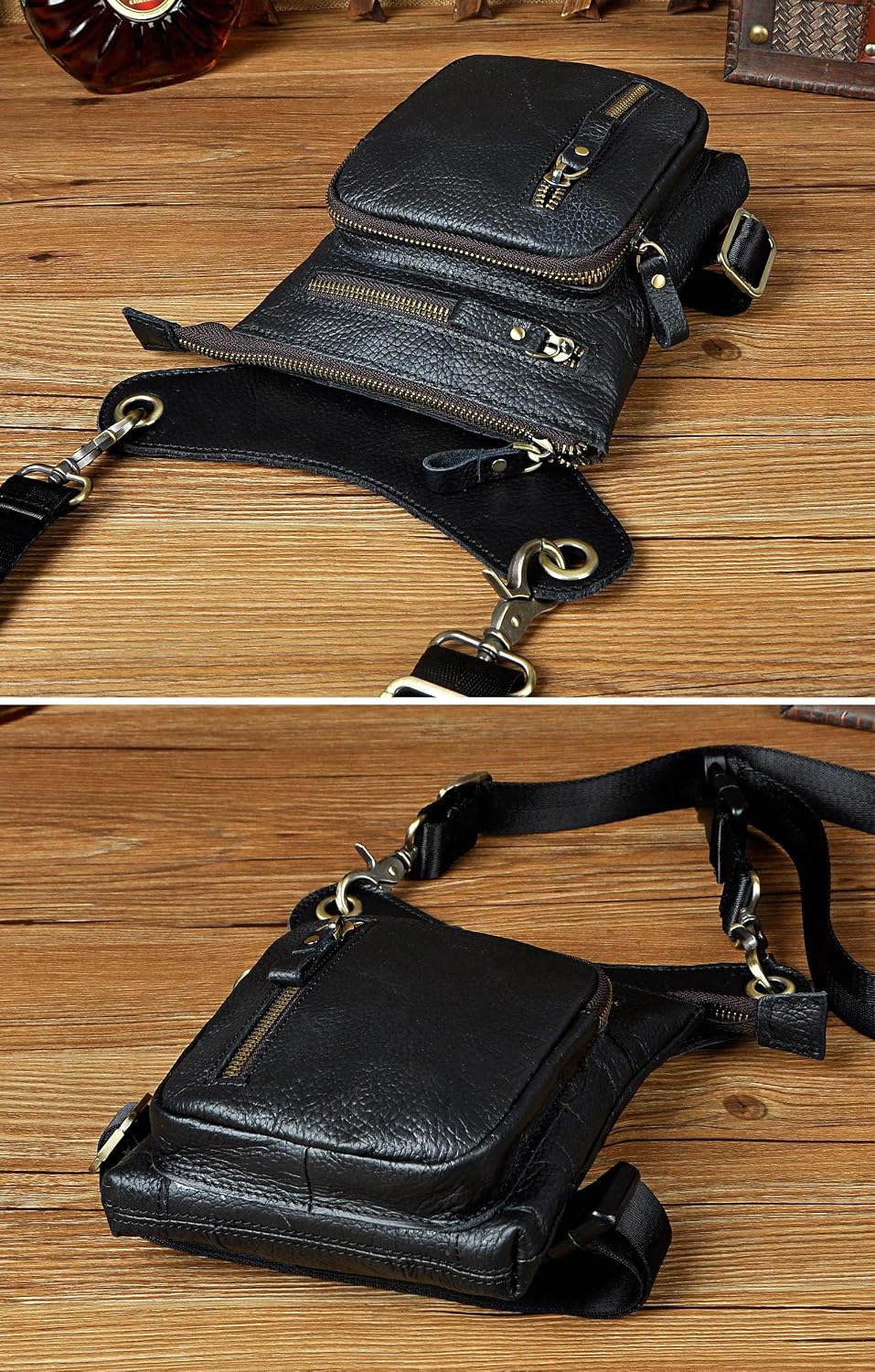 Le'aokuu Mens Genuine Leather Outdoor Sporting Hicking Waist Hip Pack Messenger Shoulder Drop Leg Thigh Bag Pouches For Women G1011 (G1011 Black)