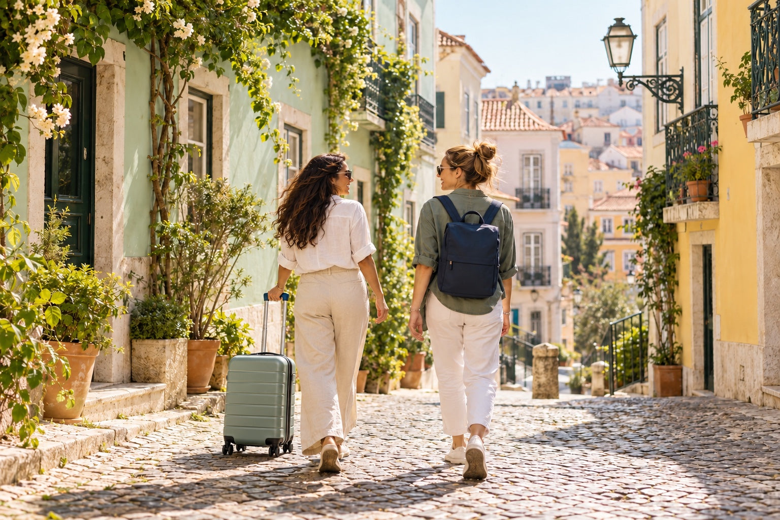 Two friends exploring a leafy city lane with a sage carry-on suitcase and navy backpack