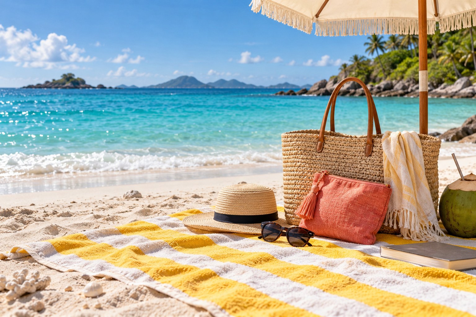Beach-day essentials beside turquoise water