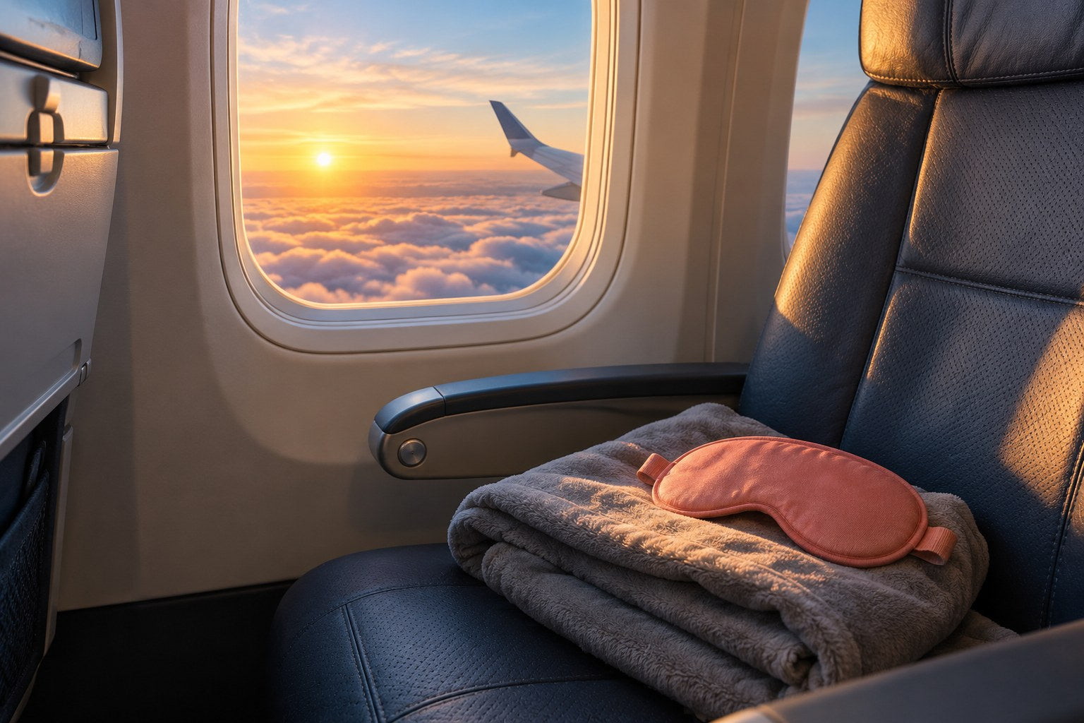 Sunrise through an airplane window beside a travel blanket and sleep mask