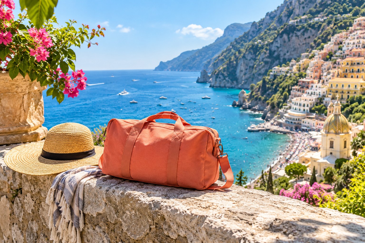 Sunlit coastal view with a coral travel bag and straw hat