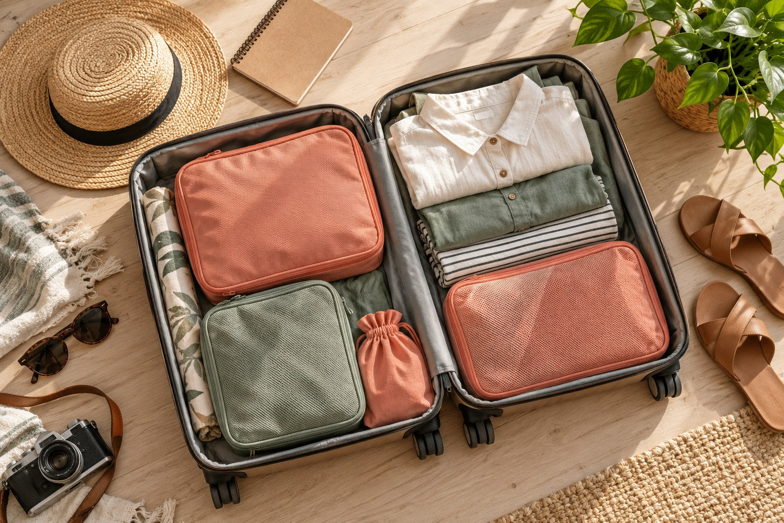 An organized suitcase with fabric pouches ready for a trip